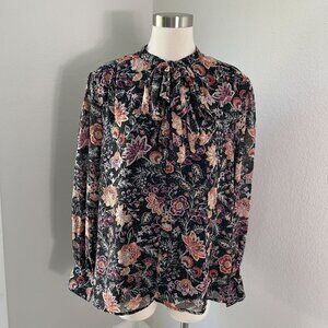 DR2 Womens‎ Plus XXL Black Floral Long Sleeve Blouse With Tie Neck Shirt Top
